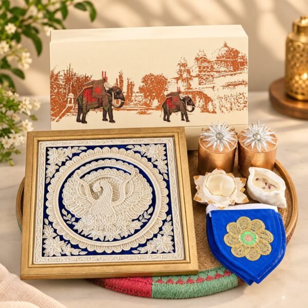 Swan handcrafted painting, lotus and conch candle, fabric bunting, dry fruits and chocolates